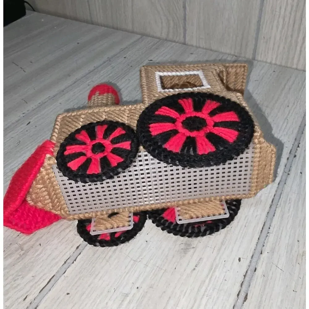 Vintage Plastic Canvas Needlepoint Christmas Train Engine Bear Conductor Decor